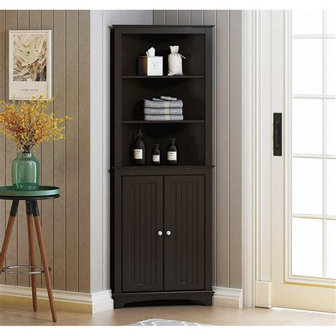 Spirich Home Tall Corner Cabinet With Two Doors And Three Tier Shelves