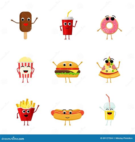 Set Of Funny Fast Food Characters Isolated On White Background Cute