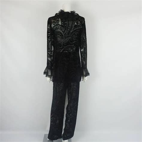Emanuel Ungaro Black Cut Velvet Pant Suit With Ruffle Trim 10 1980s