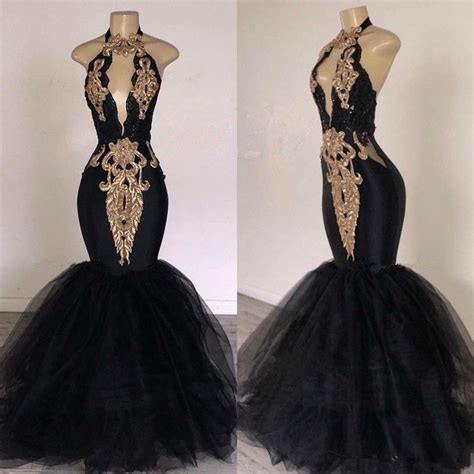 Keyhole Neck 2020 Black Mermaid Prom Dresses With Gold Appliqued Formal Evening Gowns Sexy