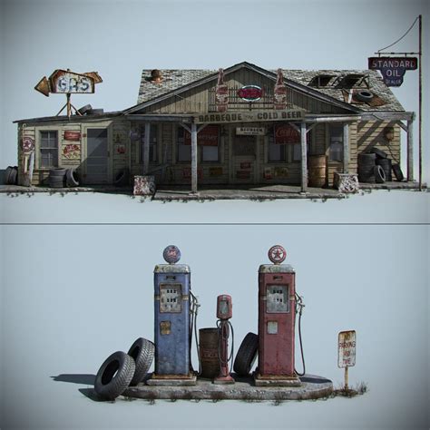 3d Model Old Gas Station ゲームデザイン ポスト黙示録的アート 仲間はずれ ゲームアート アイデア ゾンビ