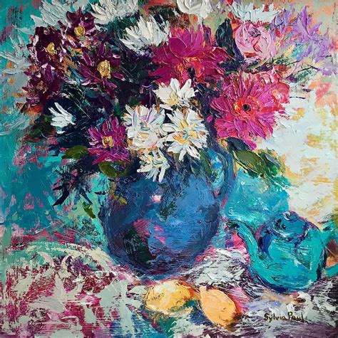 Sylvia Paul Vase Of Flowers With Lemons Floral Fruit Abstraction