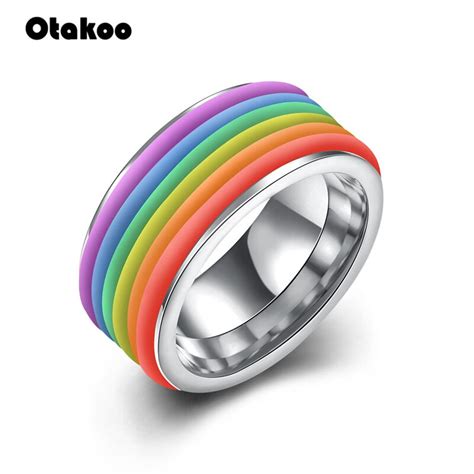 Otakoo Stainless Steel Rings Lesbian Bisexual Gay Pride Homosexual Same Sex Rainbow Ring Jewelry