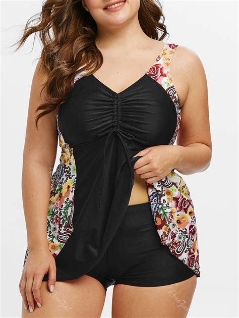 Plus Size Cinched Paisley Floral Print Tankini Swimwear 43 OFF Rosegal