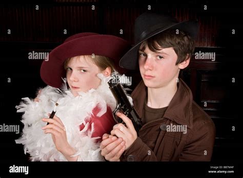 Two Teenager Kids Playing Cool Mafia Gangsters Stock Photo Alamy