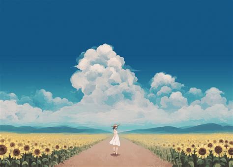 Sunflowers Anime Girls Dress Sky Clouds Original Characters Anime