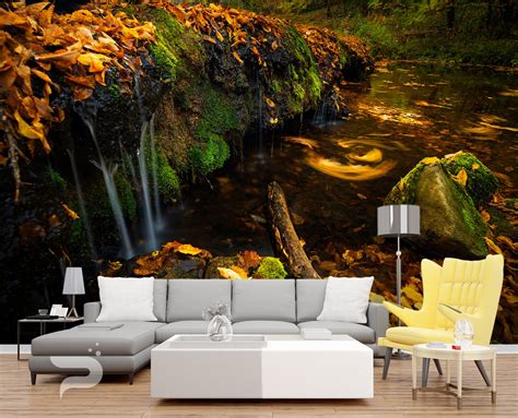 Small Autumn Waterfall Wall Mural Autumn Forest Wallpaper Etsy