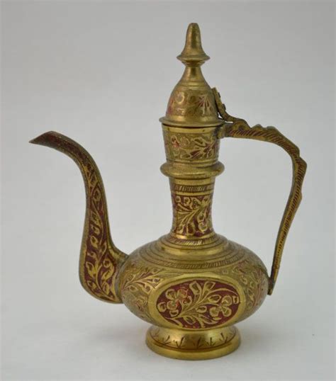 Vintage Brass Dallah Arabic Turkish Coffee Tea Pot Red Enameled