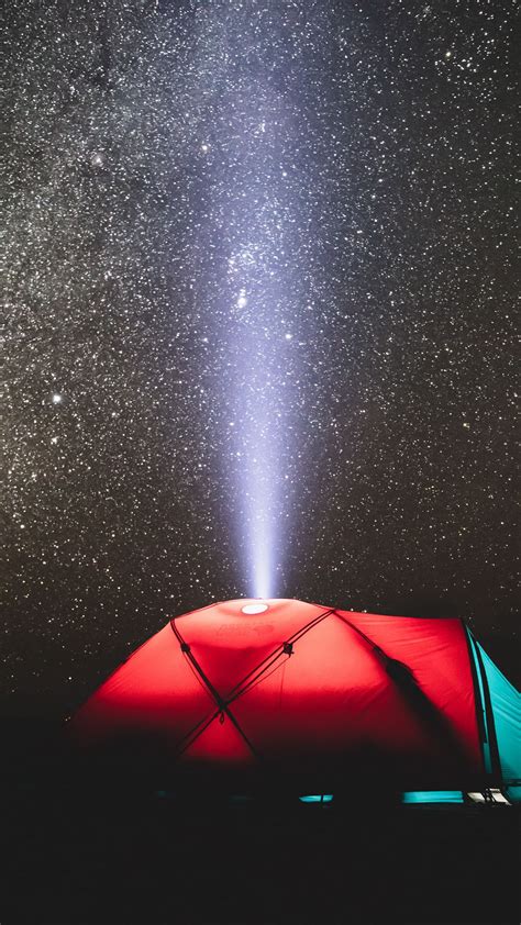 Download Wallpaper 1350x2400 Tent Night Starry Sky Light Beam