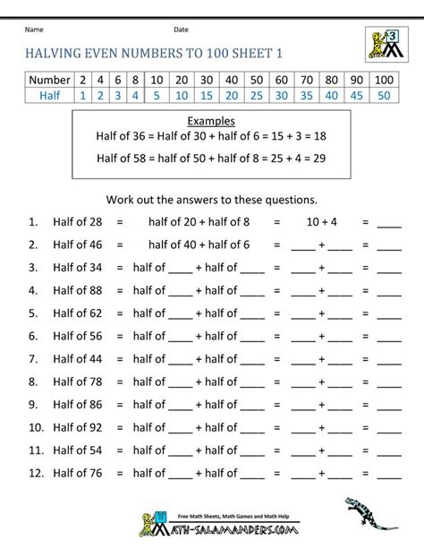 Halving Even Numbers To 100 Worksheet