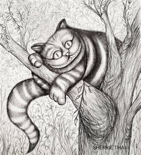 Cheshire cat drawing on canvas black and white pen artwork by Sherrie