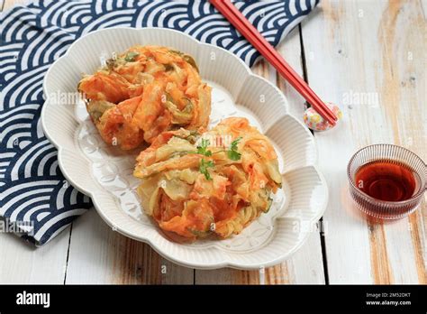 Japanese Cuisine Sweet Potato And Green Onion And Cabbage Kakiage