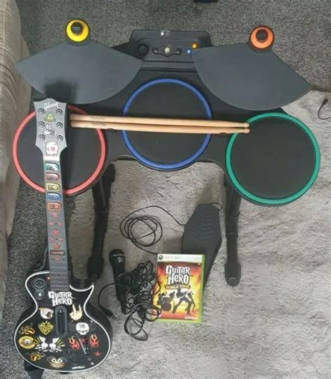 Guitar Hero World Tour Drum Kit Drums Controller And Guitar And Mic Game Xbox 360 126 12 Picclick