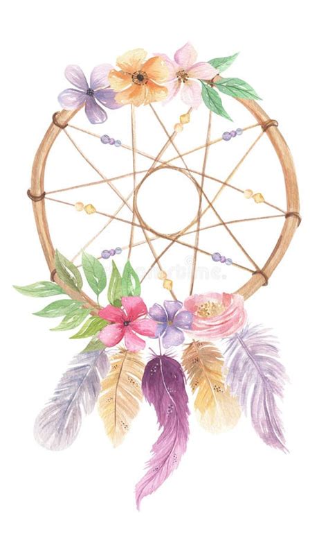 Watercolor Bohemian Dream Catcher Flowers Pink Feathers Beads Leaves