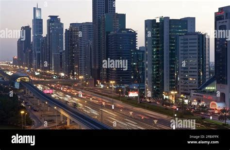 Sheikh Zayed Road Night Traffic Dubai United Arab Emirates Stock