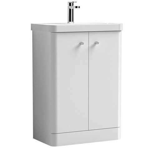 Nuie Core Gloss White 600mm Floor Standing 2 Door Vanity Unit And Basin Cor106 Vanity Units