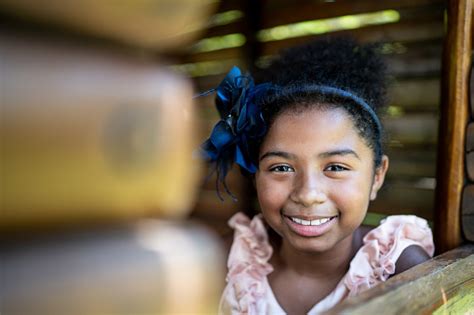 Afro Latino Child Girl At Playground Wooden House Stock Photo