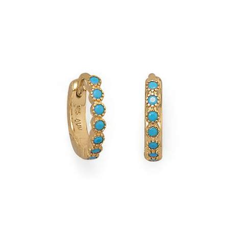 14 Karat Gold Plated Turquoise CZ Hoop Earrings Turquoise Hoop Earrings