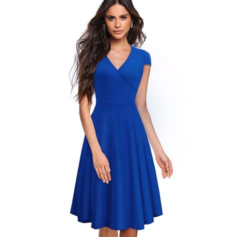 Summer Sexy Fashion V Neck Dress Women Casual Blue Solid Color Short Sleeves Elegant A Line