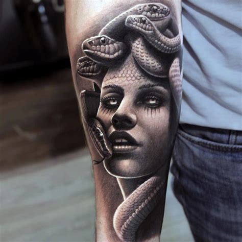 Gorgeous Detailed Black And White Seductive Medusa Tattoo On Arm Tattooimages Biz
