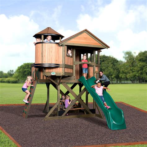 Outdoor Playhouse With Slide And Swing An Expanded Upper Deck With A