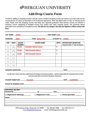 Fillable Online Herguanuniversity Add Drop Course Form Herguan