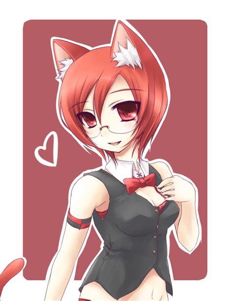 safebooru bad id cat ears cat tail catgirl glasses heart highres red eyes red hair redhead