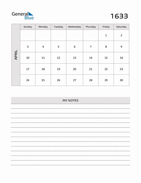 April 1633 Printable Monthly Calendar With Notes