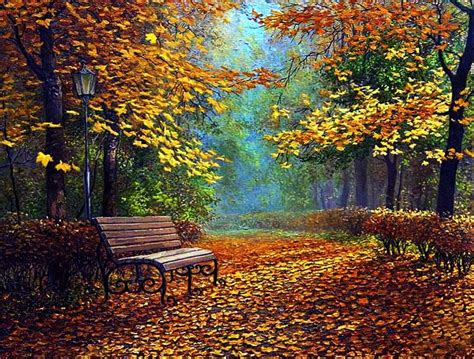 Park At Fall Autumn Leaves Benches Sunlight Colors Trees Hd
