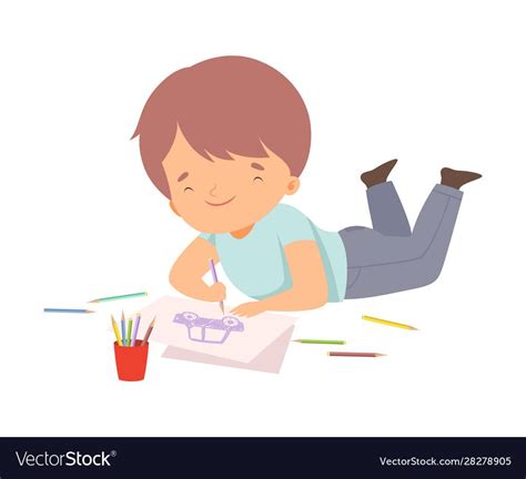 Cute Boy Lying On His Stomach And Drawing Picture Vector Image On