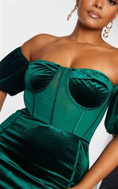 Plus Emerald Green Velvet Bardot Bodycon Dress Prettylittlething
