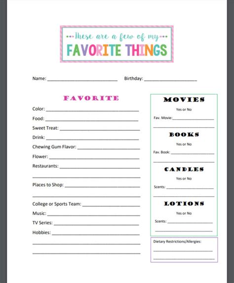Staff Favorites Printable Employee Favorite Things List