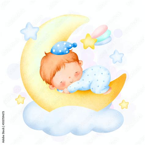 Watercolor Illustration Cute Baby Boy Sleeping On The Moon Stock Vector
