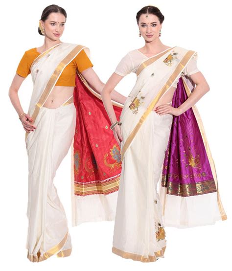 Fashion Kiosks White Kerala Kasavu Cotton Saree With Matching Blouse