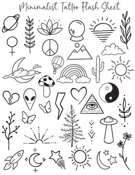 Minimalist Temporary Tattoo Flash Sheet Set Of 35 Small Etsy