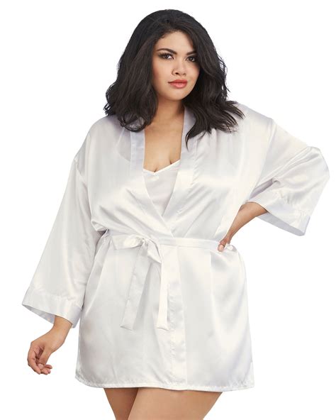 Plus Size Satin Robe And Chemise Set In White Dreamgirl International