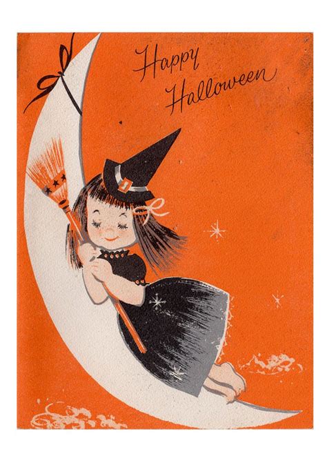 Vintage Reproduction Halloween Greeting Card Little Witch Paper Moon