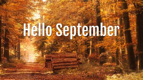 The Words Hello September Are In Front Of An Image Of Trees