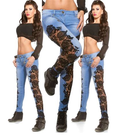 Weweya European And American Sexy Lace Openwork Lace Jeans Skinny Jeans