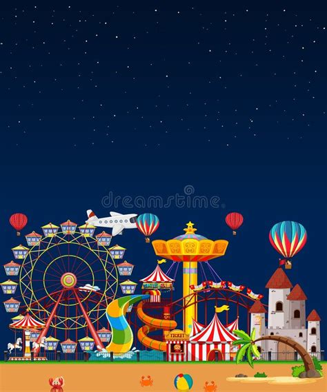 Amusement Park Scene At Night With Blank Dark Blue Sky Stock Vector Illustration Of Scenery