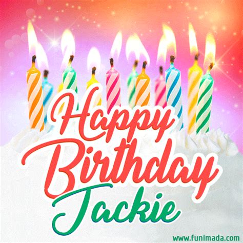 Happy Birthday  For Jackie With Birthday Cake And Lit Candles