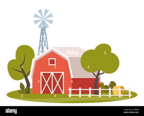 Farm Scene With Red Barn And Windmill Tree Fence Haystack Rural