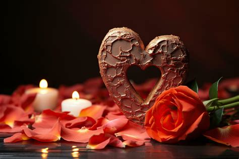 Congratulatory background, card with heart, rose petals and candles