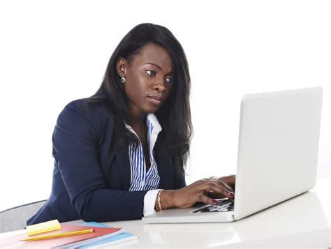 Black African American Ethnicity Woman Working At Computer Laptop At