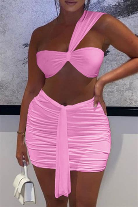 Pink Sexy Solid Backless Strapless Sleeveless Two Piecestwo Pieces