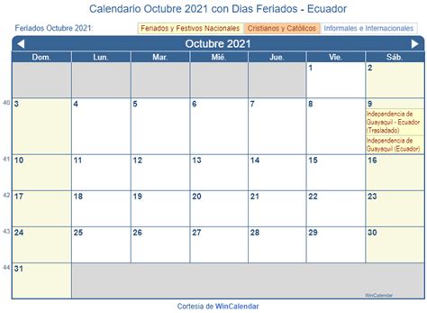 Calendario Octubre 2021 Para Imprimir Ecuador