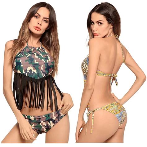 Bra Brief Sets Bikini Women Swimsuit Backless Biquini Ladies Tassel Print Swimwear Brazilian