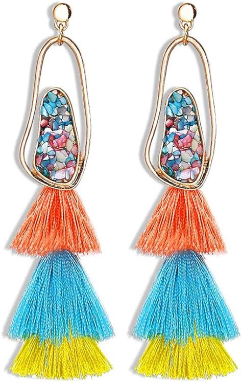 Amazon Com Colorful Multi Layered Tassel Earrings Bohemian Dangle Drop