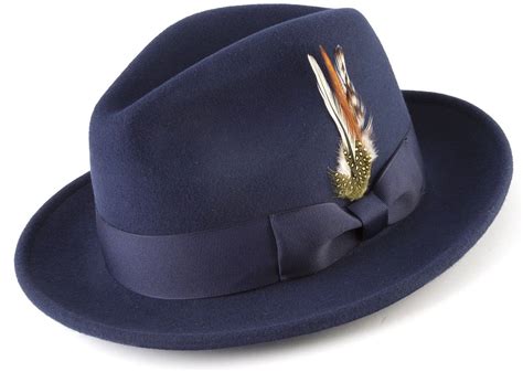Wool Felt Fedora Pinch Front With Feather Accent In Navy Mens Fashion