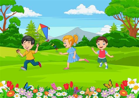 Niños Pequeños De Dibujos Animados Jugando En El Jardín 5151714 Vector